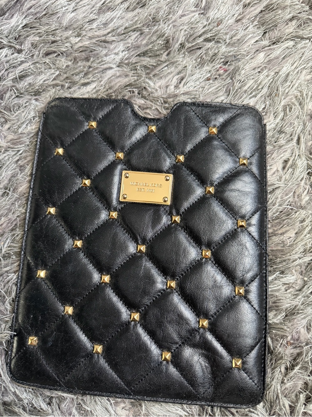 Michael Kors Black Quilted Leather Tablet Sleeve with Gold Studs
